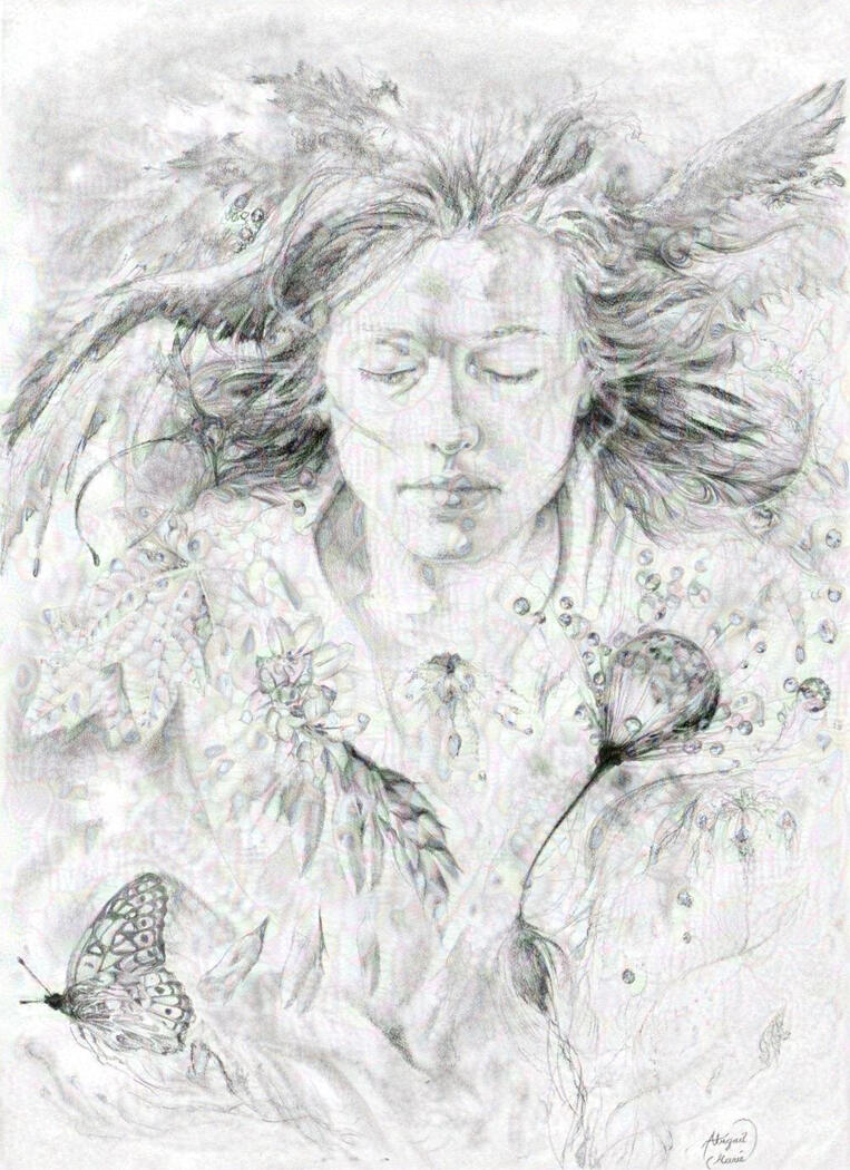 Pencil drawing whimsical woman wings fantasy art emotions breeze wind flying realistic wall art