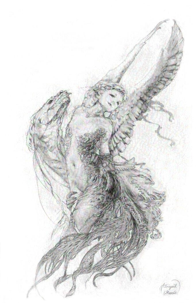 Finely detailed pencil fantasy drawing of an angel and a dragon emotion emotional woman beautiful whimsical realistic wall art