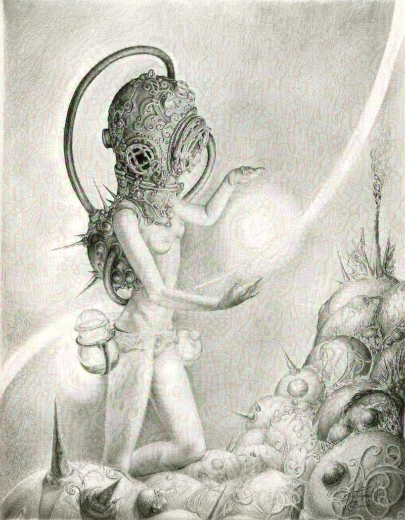 underwater, scuba diving, beautiful woman, dark fantasy, graphite drawing, fine art, wall art