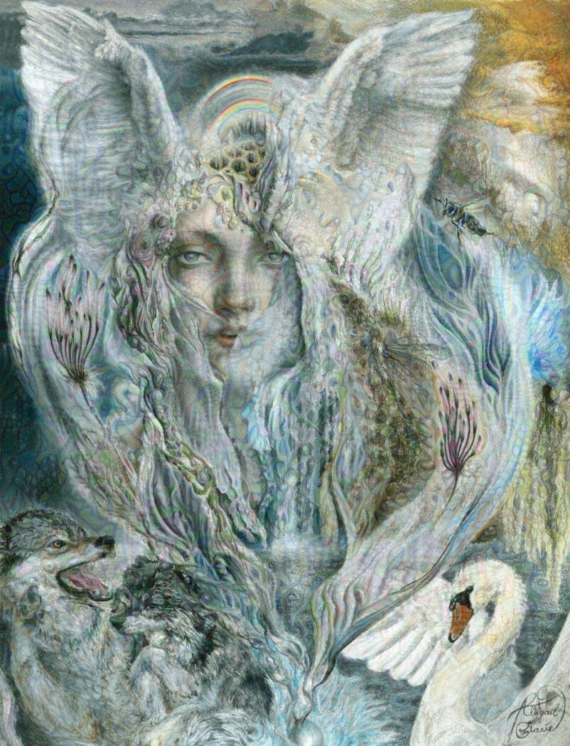 Colored pencil fantasy art whimsical angel wolf swan nature woman animals